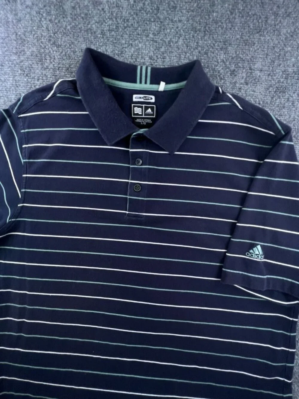 Adidas Polo Shirt Mens Large Blue Green White Striped Short Sleeve Cotton Blend